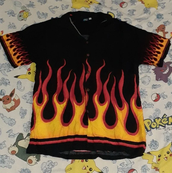 Vintage | Shirts | 9s Blue Wave Rayon Fire Flames Button Up Flame